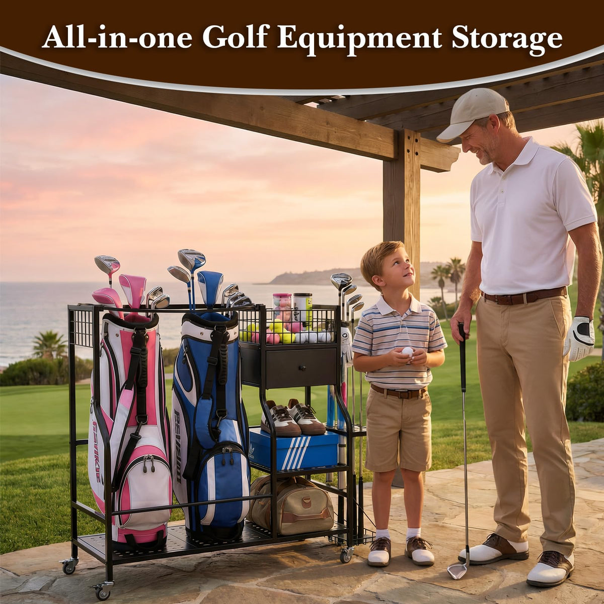 Faesun Golf Bag Organizer for Garage, Golf Bag Storage Rack with 6 Club Slots, Golf Club Organizer with Fabric Drawer & Wheels, Golf Storage Organizer Holds 2 Bags, Golf Rack Storage System