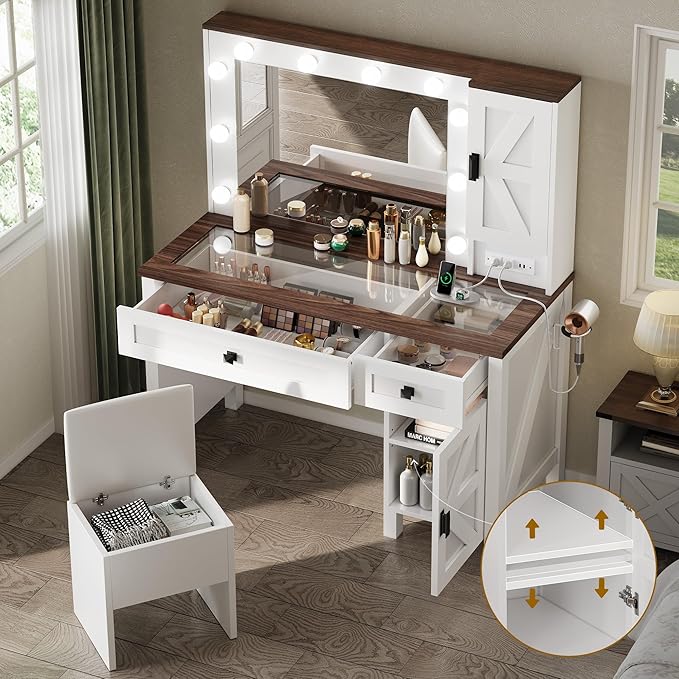 YITAHOME Makeup Vanity Desk with Mirror and Lights, Farmhouse Vanity Table with Charging Station, 42'' Dressing Table with 2 Drawers & 6 Cabinets, 3 Color Lighting Modes, for Bedroom, White