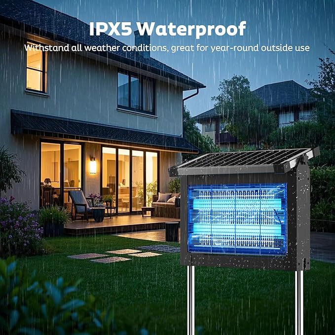 Solar Bug Zapper Outdoor, Mosquito Zapper Waterproof Electric Fly Zapper Rechargeable Mosquito Killer Lamp with 10W Solar Panel, 4500V Cordless Fly Trap for Backyard, Patio, Garden, RV, Camping