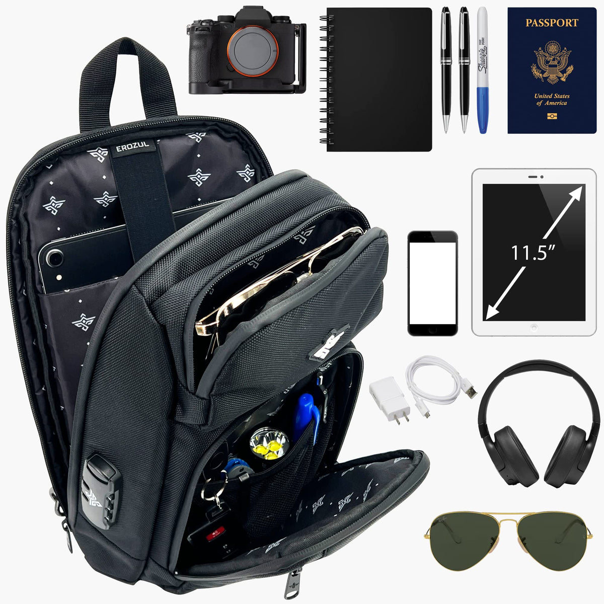 Erozul Equinox Sling Backpack Anti Theft Combination Lock Chest Shoulder Bag Waterproof Crossbody Casual Daypack (Black)