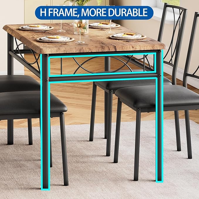 IDEALHOUSE Dining Table Set for 4, 5 Piece Dining Table Set with 4 Upholstered Chairs, Rectangular Dining Room Table Set of 4 for Small Space, Apartment, Retro Brown