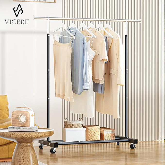 VICERII Clothing Rack, 55.51 Inch Heavy Duty Clothes Rack Rolling Garment Rack with Wheels and Bottom Shelf, 130LB Capacity Clothes Racks for Hanging Clothes, Coats, Shirts, Sweaters, Skirts, Black