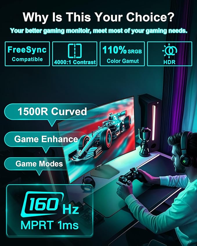 SANSUI 27 Inch Curved 160Hz Gaming Monitor, 1500R Curved Computer Gaming Monitor FHD 1080P, 4000:1, 110% sRGB, FPS/RTS, 1Ms MPRT|FreeSync|HDR|Low Blue Light|HDMI DP| VESA Support, HDMI Cable Incl.