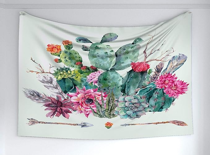 Ambesonne Cactus Tapestry, Spring Garden Boho Style Bouquet of Thorny Plants Blossoms Arrows Feathers, Fabric Wall Hanging Decor for Bedroom Living Room Dorm, 60" X 40", Rose Green Brown