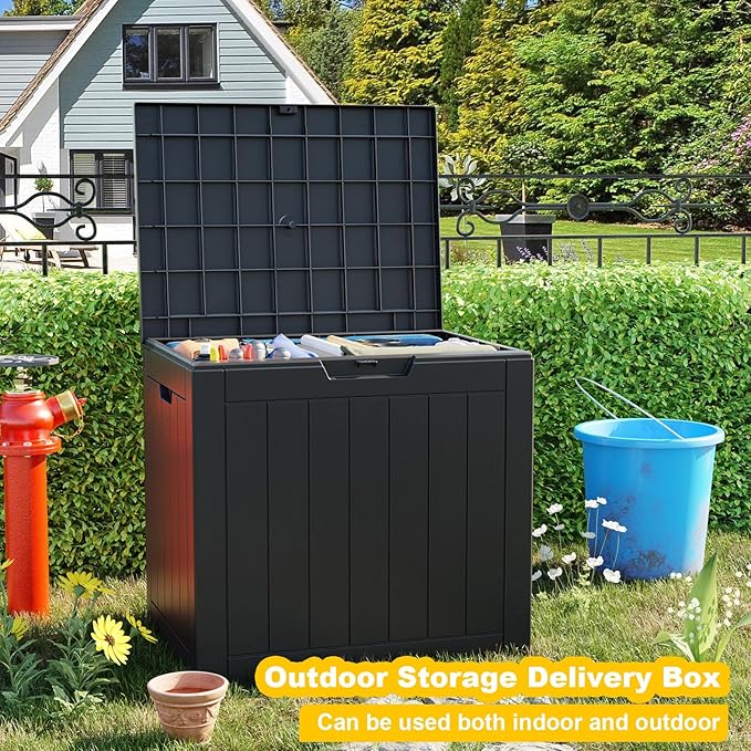 30 Gallon Outdoor Storage Box Waterproof, UV Resistant Outdoor Deck Box, Resin Lockable Deck Boxes for Garden Tools Equipment and Cushions (Striped Black)