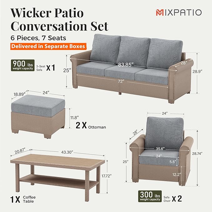 Patio Furniture Set 6 pcs, Wicker Outdoor Patio Furniture, 3-Seat Sofa, 2 Single Chairs, 2 Ottomans and Coffee Table, Rattan Patio Conversation Set for Backyard Deck, Grey