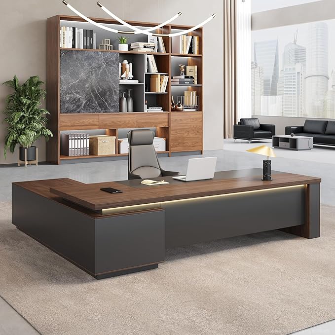 L-Shaped Executive Desk with LED Lights, Lockable Storage & 3-in-1 Charging Station, Reversible Cabinet, Modern Wood Office Desk for CEO, Manager & Home Office(Red Walnut+Black, 79"L*63"W*30"H)