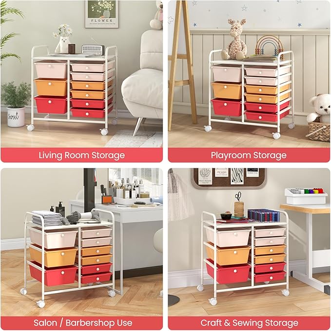 COSTWAY Rolling Storage Cart with 9 Drawer, Mobile Utility Cart with Metal Frame, Art Supply Craft Organizer, Multipurpose Storage Organizer for Paper, Office, School Teacher, Classroom, Macaron