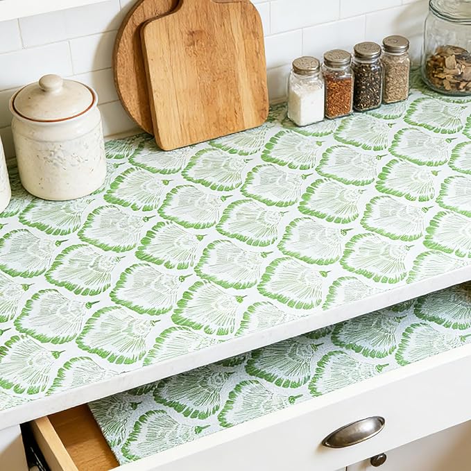 Drawer and Shelf Liner - Green Banana Leaf Pattern,Non Adhesive Non Slip Waterproof Easy-Clean Liner for Kitchen Cabinet, Refrigerator, Bathroom, Pantry Storage Drawers, 12 in x 10 Ft.