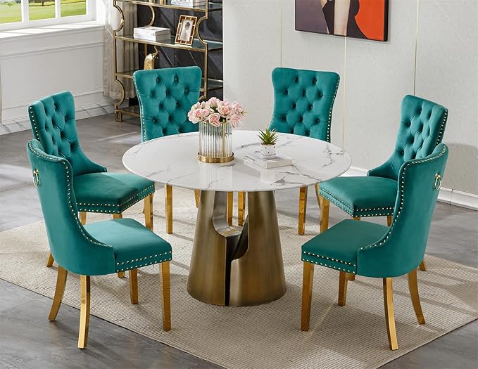 7-Piece Faux Marble Round Dining Table Set for 6, Modern Luxury Kitchen Table Set for 6 with Green Tufted Chairs,Circle Dining Tables with White Marble Grain Top and Bronze Pedestal Base
