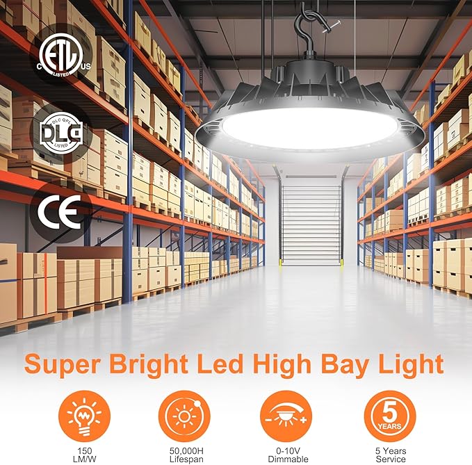 6Pack LED High Bay Lights, Super Bright 240W UFO High Bay LED Shop Lights, 36000LM 5000K, 0-10V Dimmable, 5' Cable Plug, IP65 Waterproof, ETL Listed Plug & Play Lighting for Gym Factory Warehouse