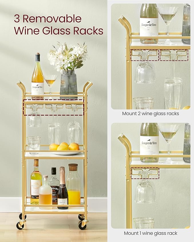 VASAGLE Bar Cart, Home Bar Serving Cart with 3 Tiers, Kitchen Shelf with Wine Rack, Glass Holders, for Small Spaces, Dining Room, Living Room, Pale Gold ULRC101A01