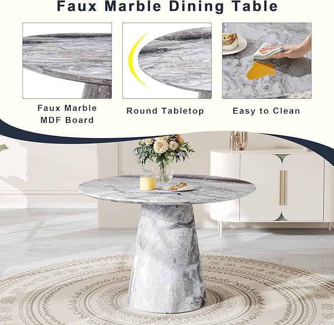 Round Dining Table Set for 6, 45IN Kitchen Table Set with Faux Marble Table Top and PU Upholstered Chairs, Modern Dinner Table with Chairs Set for Dinning Room, Living Room