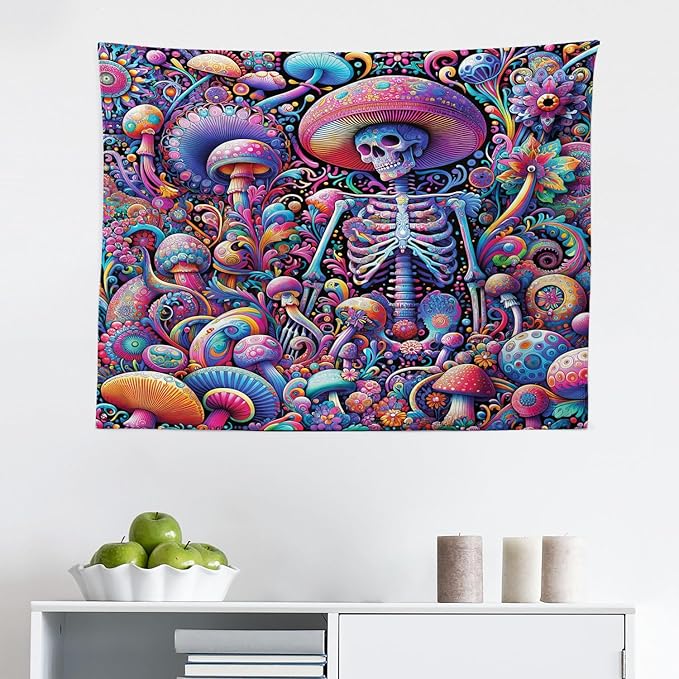 Ambesonne Trippy Tapestry, Rave Tone Psychedelic Skeleton Mushroom Huddles Psychedelic Jungle, Fabric Wall Hanging Decor for Bedroom Living Room Dorm, 28" X 23", Magenta Indigo Multicolor