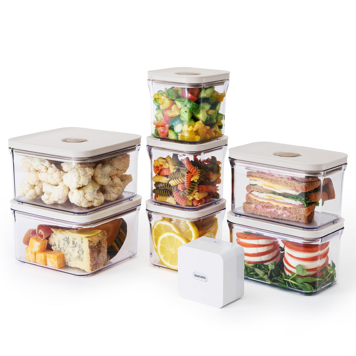 VAKUEN Premium Airtight Food Storage Container. Meal Prep 0.85qt 5pc/Set. 4pcs Container and Vacuum Sealer. Patented Double Silicone Lining, 100% Leak Proof, BPA-FREE