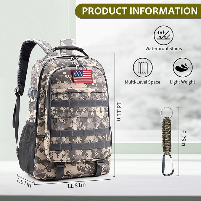 School Backpack for Boys - Camouflage Boys Backpack for Kids Teens Elementary Middle School - Camo Students Bookbag,18″ Bookbag with Usb Charging Port & Key-chain
