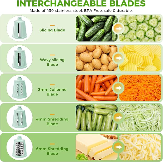 YSEPOZ 7 IN 1 Upgraded Rotary Cheese Grater with Handle – Vegetable Shredder with Built-in Storage Blade Slot, 5 Versatile Blades, Strong Suction Base Round Mandoline Slicer, Food Chopper for Kitchen