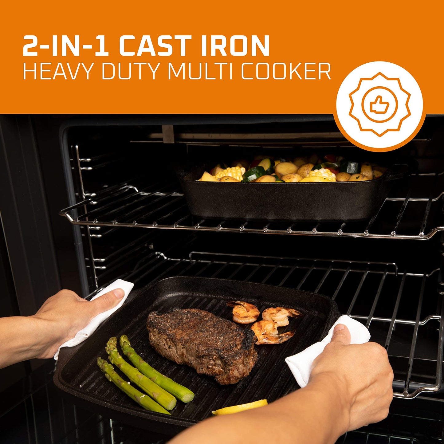 Bruntmor 2-in-1 Pre-Seasoned Cast Iron Dutch Oven and Grill Pan with Dual Handles - 11-Inch Non Stick Square Casserole Dish with Lid - Cast Iron Cookware for Braising, Crock Pot and Oven Safe Skillet