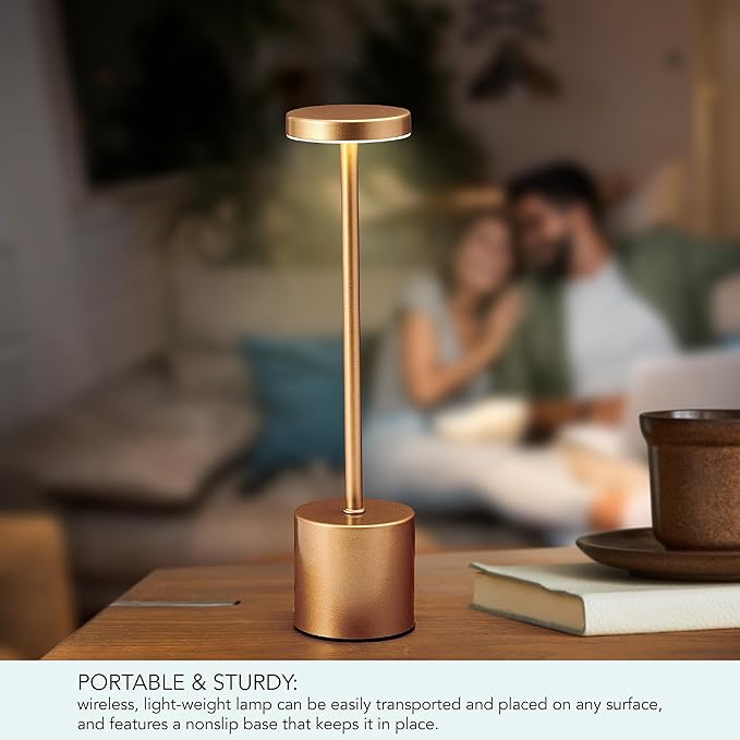 Mikasa 13.3 Inch LED Rechargeable Lamp with Touch Control - Cordless Table Lamp with Stepless Dimming, 3 Color Temperature Modes, 54 LED Lights, 48-Hour Battery Life, Gold Finish Desk Lamp