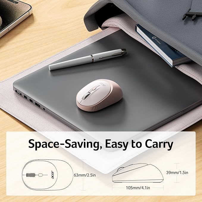 acer Bluetooth Wireless Mouse for Laptop, Computer Mouse Wireless (BT5.2+2.4GHz), Small to Medium Size, Left & Right Handed Office USB Mice with USBA Receiver, Compatible with PC, Desktop (Pink)