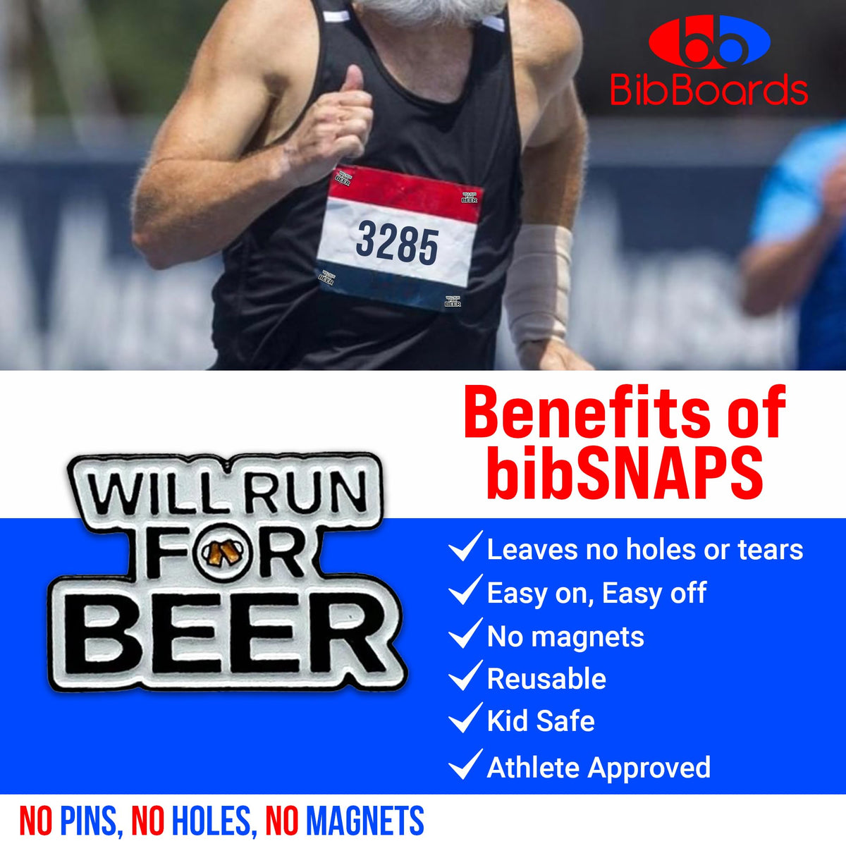 BibBoards bibSNAPS Race Bib Clips, Will Run for Beer, 4 Pack