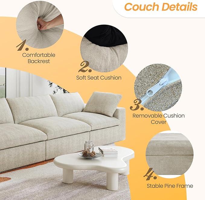 JACH Modular Sectional Cloud Couches for Living Room, Comfy Love Seat Sofas, Thick Cushion, Covers Removable, Modular Sofa, Cloud Couch for Living Room Bedroom Apartment (Khaki)