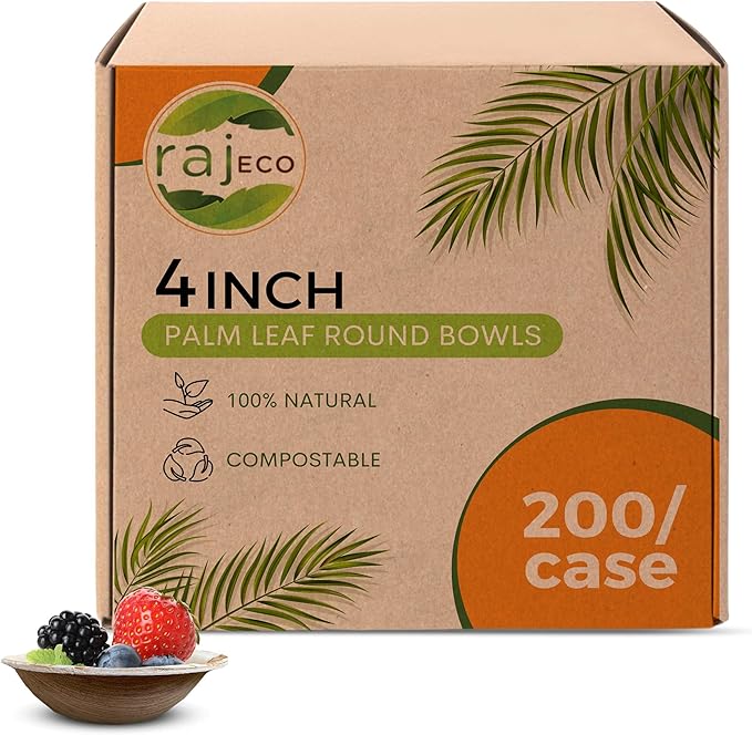 Raj Disposable Palm Leaf Bowls (200 Count, 4" Bowls) Strong Bowl Like Bamboo Party Bowl - Decorative Compostable Tableware for Lunch, Dinner, Birthday, Camping, Outdoor, Picnic, Parties