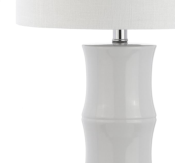 JONATHAN Y 26.5" White Ceramic Table Lamp for Living Room, Bedroom Nightstand, White Linen Drum Shade, Bamboo Design Modern Bedside Desk Lamp with LED Bulb Included (JYL3015C)