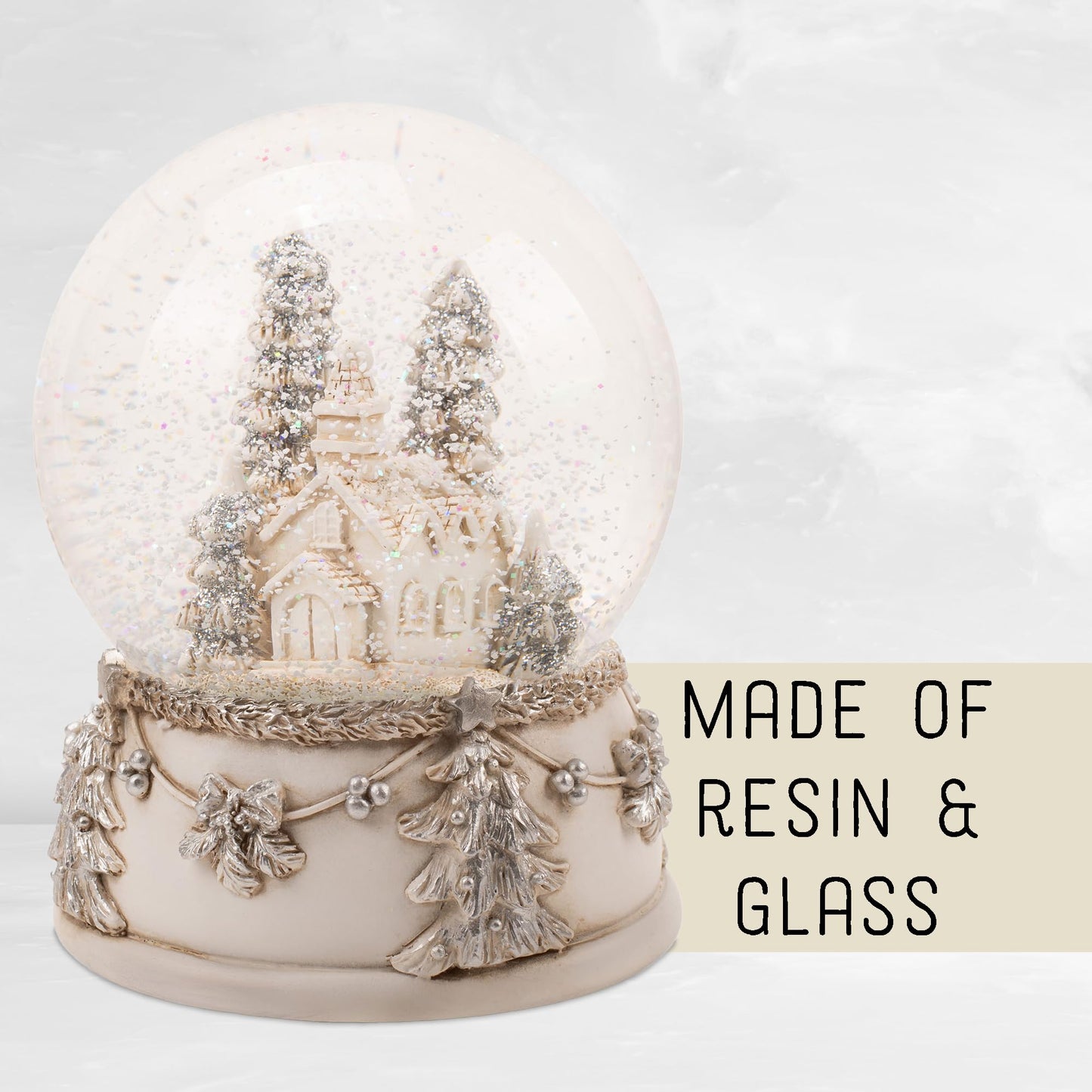 NAT & Jules Beautiful Snowy Church & Pine Tree Scene 6 x 4 inch Musical Glitter Snow Globe: Plays Tune We Wish You A Merry Christmas - Perfect Accent Décor for The Holidays or Everyday, Church Scene