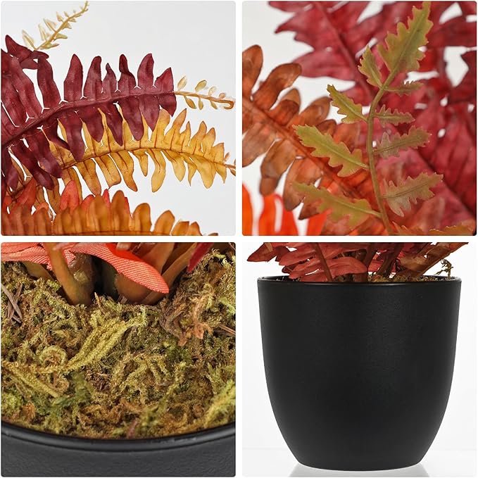 Hollyone Fake Boston Fern in Pot Fall Faux Fern Medium Potted Plant Medium Autumn Decor Plants Outdoor Indoor Autumn Boston Ferns Artificial Plants for Patio Garden Farmhouse Fall Decorations for Home