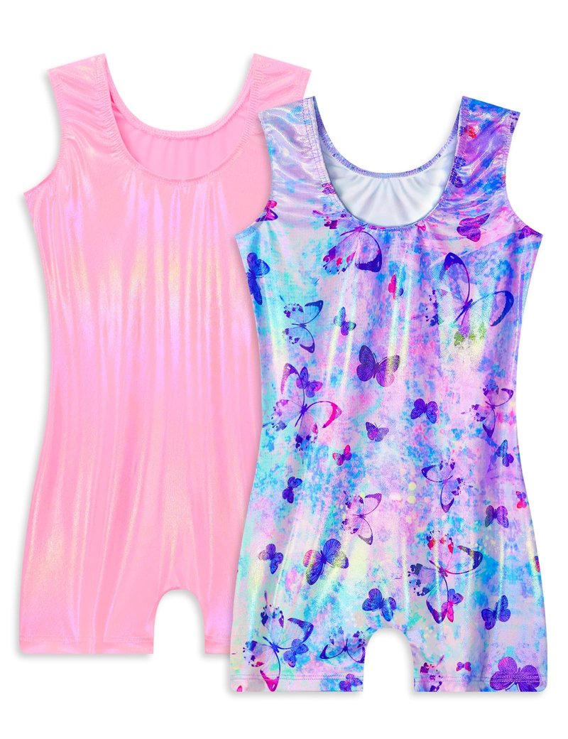 Snowheart Gymnastics Leotards for Girls Size 3t 4t 2 Pack Sparkle Purple Blue Butterfly Solid Pink Sleeveless Biketards