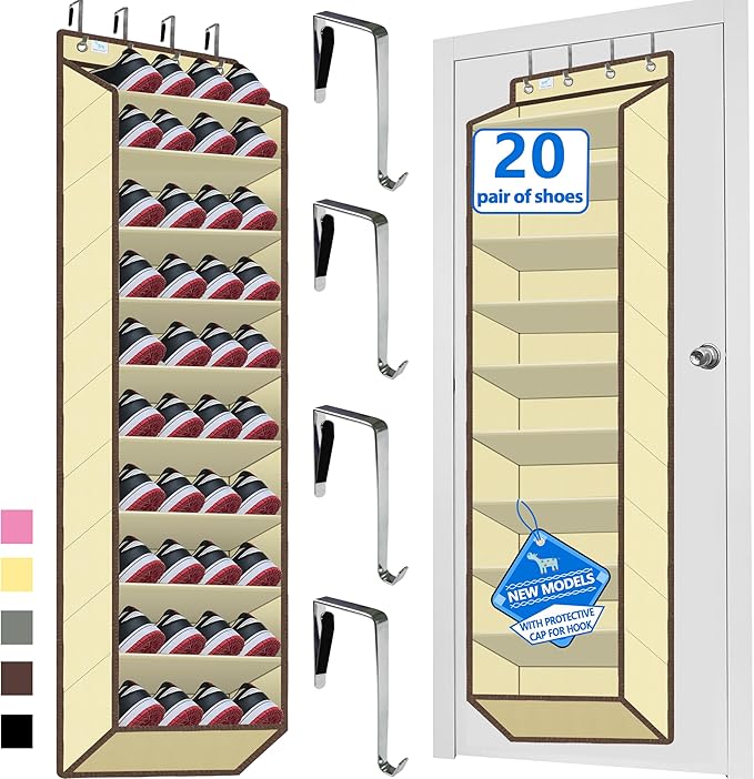 Over The Door Shoe Organizer, 70 Pounds Large Capacity, 20-30-Pair shoe organizer, Heavy Duty-Extra Deep Pockets ,Anti-Scratch Hooks & FSC-Certified Bamboo ,Engineered for Men’s Size 13 shoe,Beige