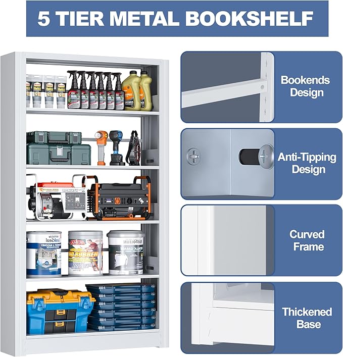 Heavy Duty 5-Tier Metal Bookshelf, Industrial Wide Book Shelf with Adjustable Shelves, 280lbs Shelf Capacity, Large Office Bookcase, Display Book Organizer for Living Room Bedroom Library -2Pcs, White