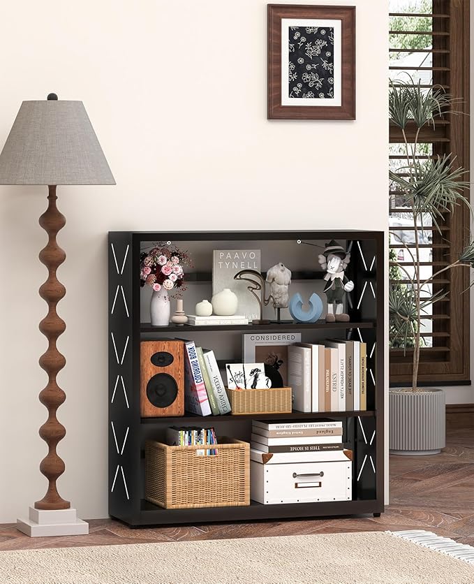 Book Shelf, 3-Tier Adjustable Bookcase with Anti-Tip Kit & Leveling Feet, Heavy-Duty Metal Storage Organizer, Modern Corner Shelves for Kitchen, Garage, Home Office - Black
