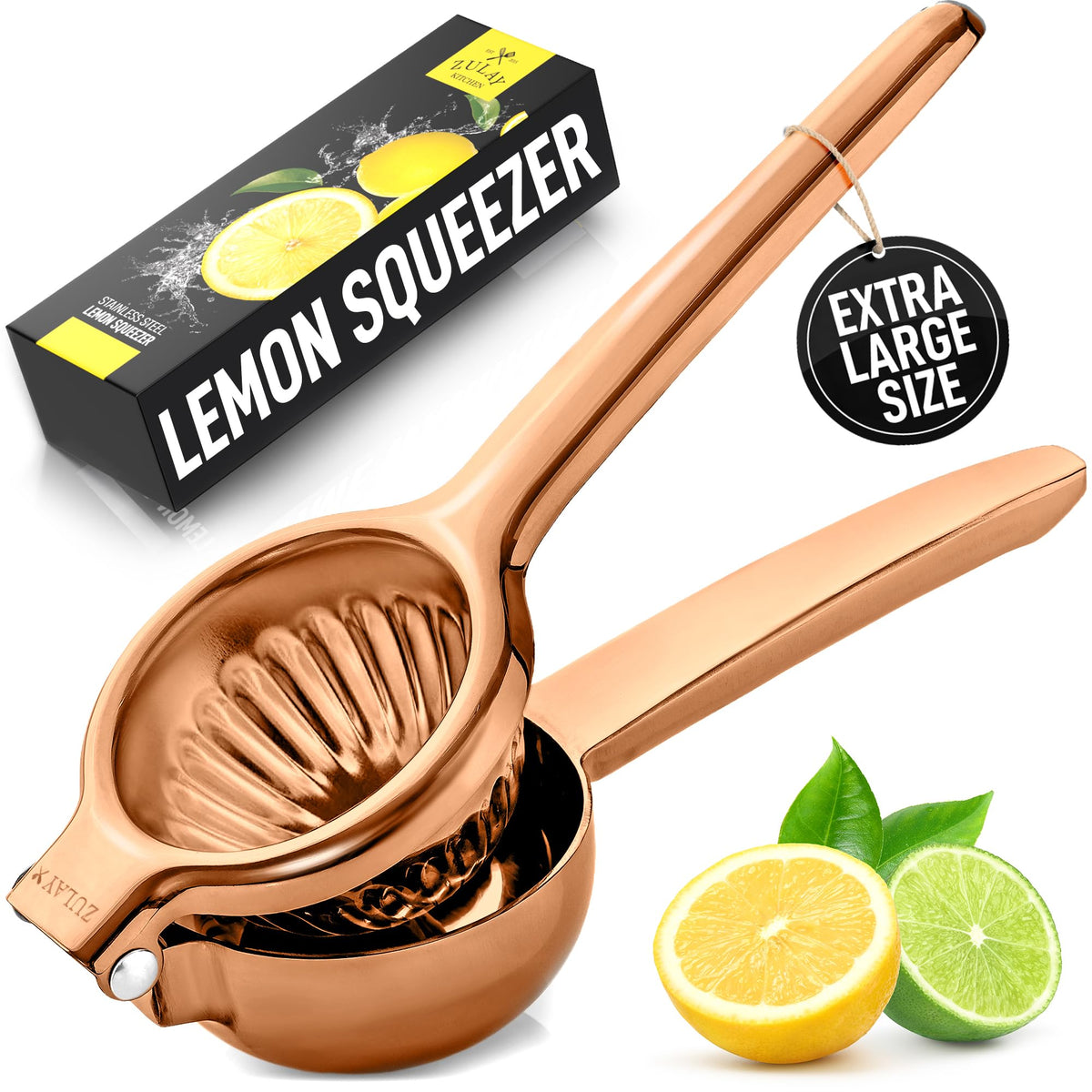 Zulay Kitchen Extra Large Lemon Squeezer Stainless Steel - Easy Squeeze Heavy Duty Lemon Juicer Hand Press - Ergonomic Citrus Squeezer & Fruit Juicer for Small Oranges, Lemons, & Limes - Silver