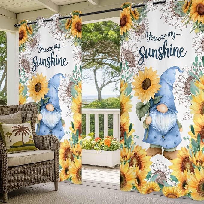 Summer Outdoor Curtains for Patio Sunflowers Gnome Eucalyptus Leaves Waterproof
