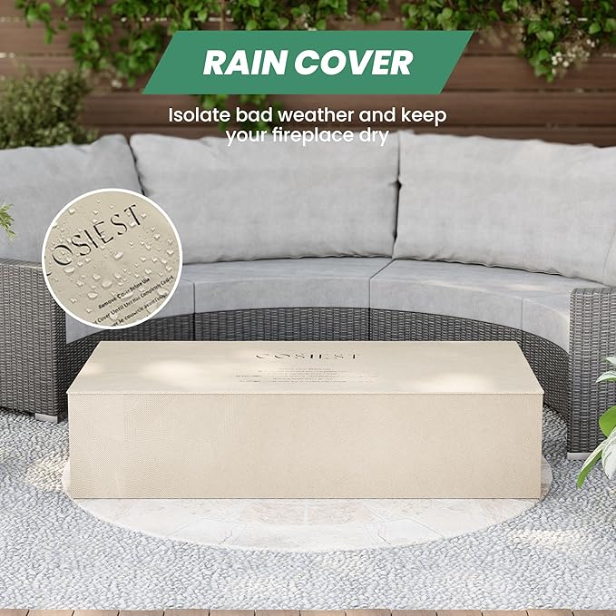 COSIEST Outdoor Propane Fire Pit Table, 56-inch x 28-inch Rectangle Gray Concrete-Like Finish, Certified, 50,000 BTU Stainless Steel Burner w Transparent Gray Fire Glass, Wind Guard, Raincover