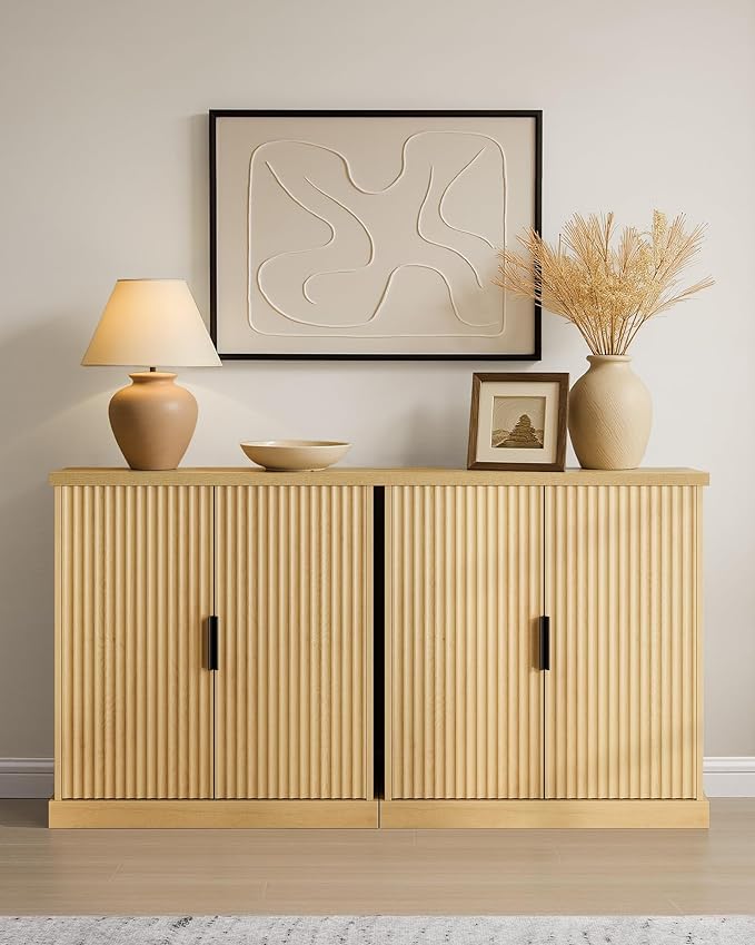 VASAGLE MAXE Collection - Buffet Cabinet Set of 3, Fluted Console Cabinet, Sideboard with Adjustable Shelf, Mid Century Modern Buffet Table, 15.8 x 29.9 x 31.5 Inches, Oak Beige UZH2507023