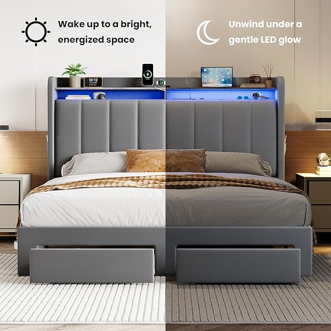 SHA CERLIN Velvet Full Size Bed Frame with Vertical Channel Tufted Wingback Headboard & 2 Storage Drawers/2-Tier Shelves with LED Lights & Charging Station/Noise-Free/No Box Spring Needed/Light Grey