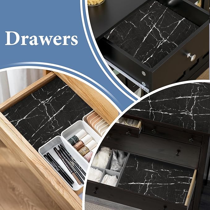 Drawer and Shelf Liner for Kitchen Cabinet: 12 in X 20 Ft Non Slip Waterproof Shelf Paper Non Adhesive Refrigerator Liners Black Marble Easy Liners for Bathroom with Knife Tape Measure