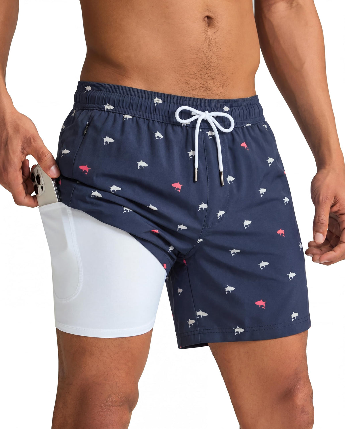 maamgic Mens Swim Trunks with Compression Liner 5 Inch, Quick Dry Bathing Suit with Zipper Pockets, Stretch No-Chafing Swim Shorts, Navy-Mini Shark Large