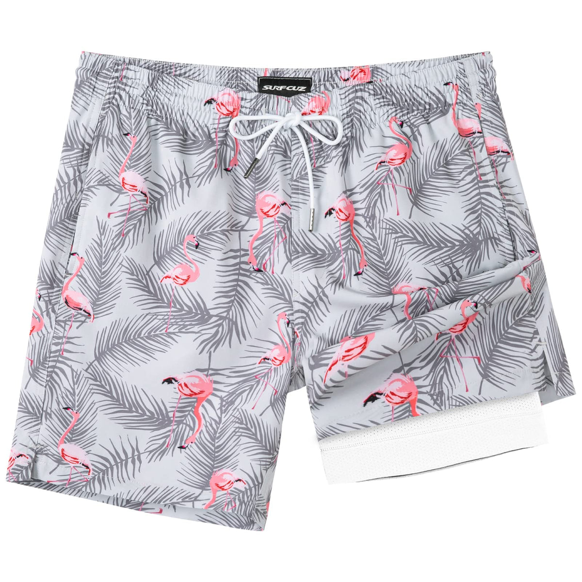 SURF CUZ Mens Swim Trunks with Compression Liner Quick Dry Swim Shorts 7" Swimming Trunks Stretch Zipper Pockets Grey Flamingo X-Large