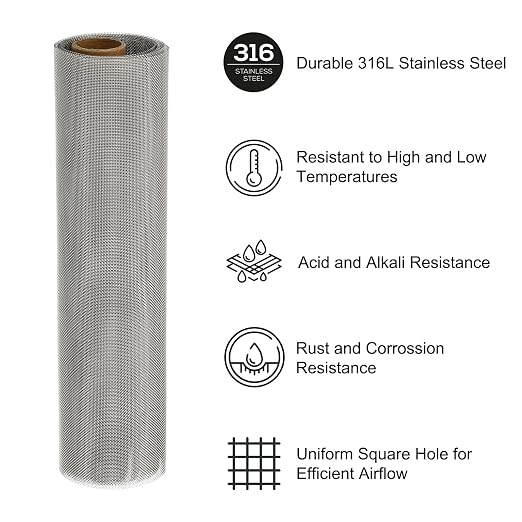 PATIKIL 40" L x 10" W Woven Wire Mesh, 30 Mesh 316L Stainless Steel Air Vent