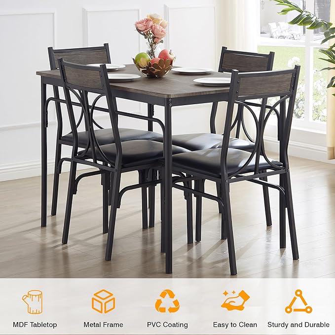 VECELO 5-Piece Dining Table Set for Home Kitchen Small Space Breakfast Nook, 4 Faux Leather Metal Frame Chairs, Brown,Set for 4