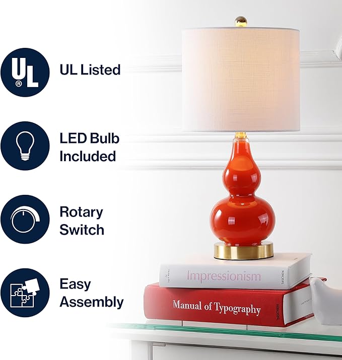 JONATHAN Y 20.5" Sunset Orange Glass Table Lamp, Modern Gourd Bedside Nightstand Lamp for Bedroom, Living Room, White Linen Shade, LED Bulb Included (JYL1028G)