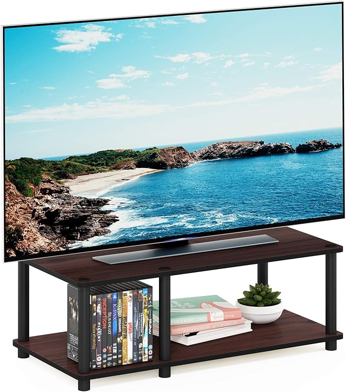 Furinno JUST TV Stand, 2-Tier No Tools Mid Entertainment Center with Open Shelf, TV Console for TV up to 46 Inch with Tubes, for Living Room, Bedroom, Dark Cherry