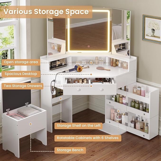Vanity Desk with Tri-Fold Mirror and Lights, Storage Stool, Corner Makeup Vanities with Drawers & Power Outlet, 3 Light Settings, Dimmable for Bedroom, Women Girls, White