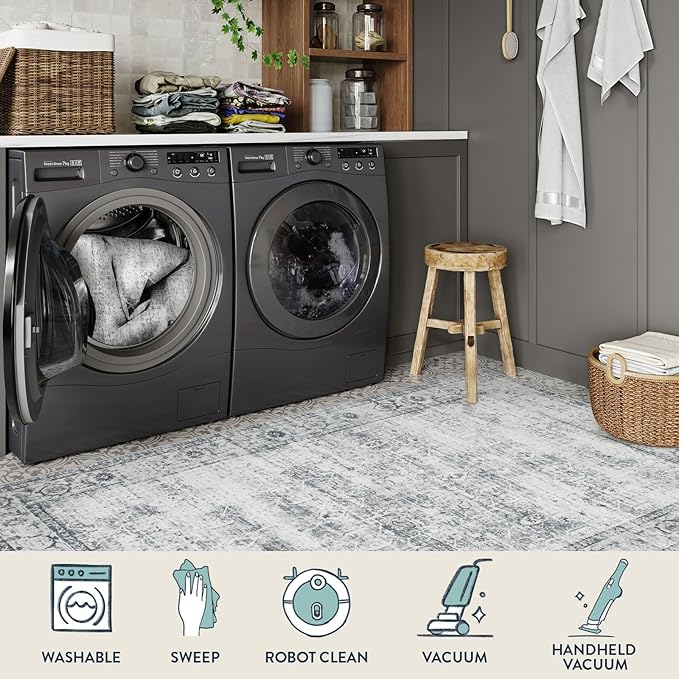 Lahome Vintage 9x12 Washable Grey Rugs for Living Room Bedroom, Boho Dining Room Rugs for Under Table, Soft Non Slip Indoor Throw Carpet for Home Office Playroom (9x12ft,Grey)