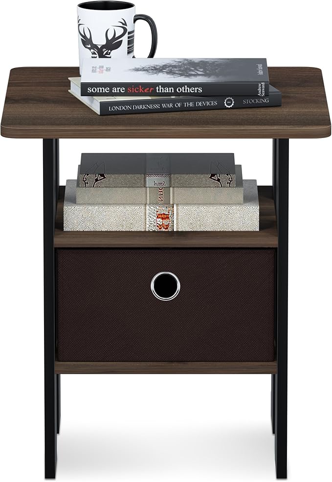 Furinno Andrey Set of 2 End Table / Side Table / Night Stand / Bedside Table with Bin Drawer, Columbia Walnut/Dark Brown