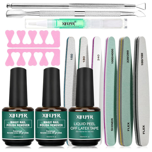 Gel Nail Polish Remover Kit, 2 Pack Gel Polish Remover with Liquid Latex, Nail Buffer and File, Cuticle Tool, Magic Gel Remover, 2-5Mins Remove Gel Polish, No Soaking Wrapping, Gifts for Women